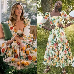 Cara Cara Blue Hill Citrus Fruit Print Cotton Tiered Maxi Dress Size 2